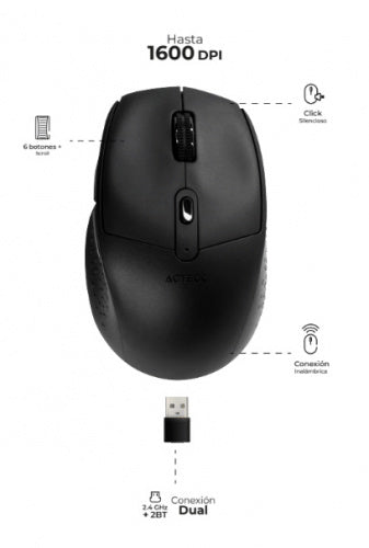 Mouse Ergonómico Acteck Óptico Optimize Ergo MI680, Inalámbrico, USB-A, 1600DPI, Negro