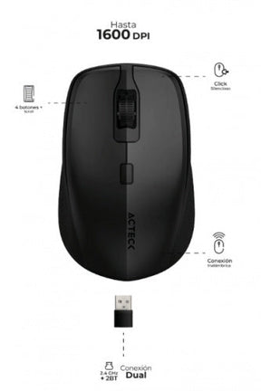 Mouse Acteck Óptico Optimize Trip MI670, Inalámbrico, USB-A, 1600DPI, Negro