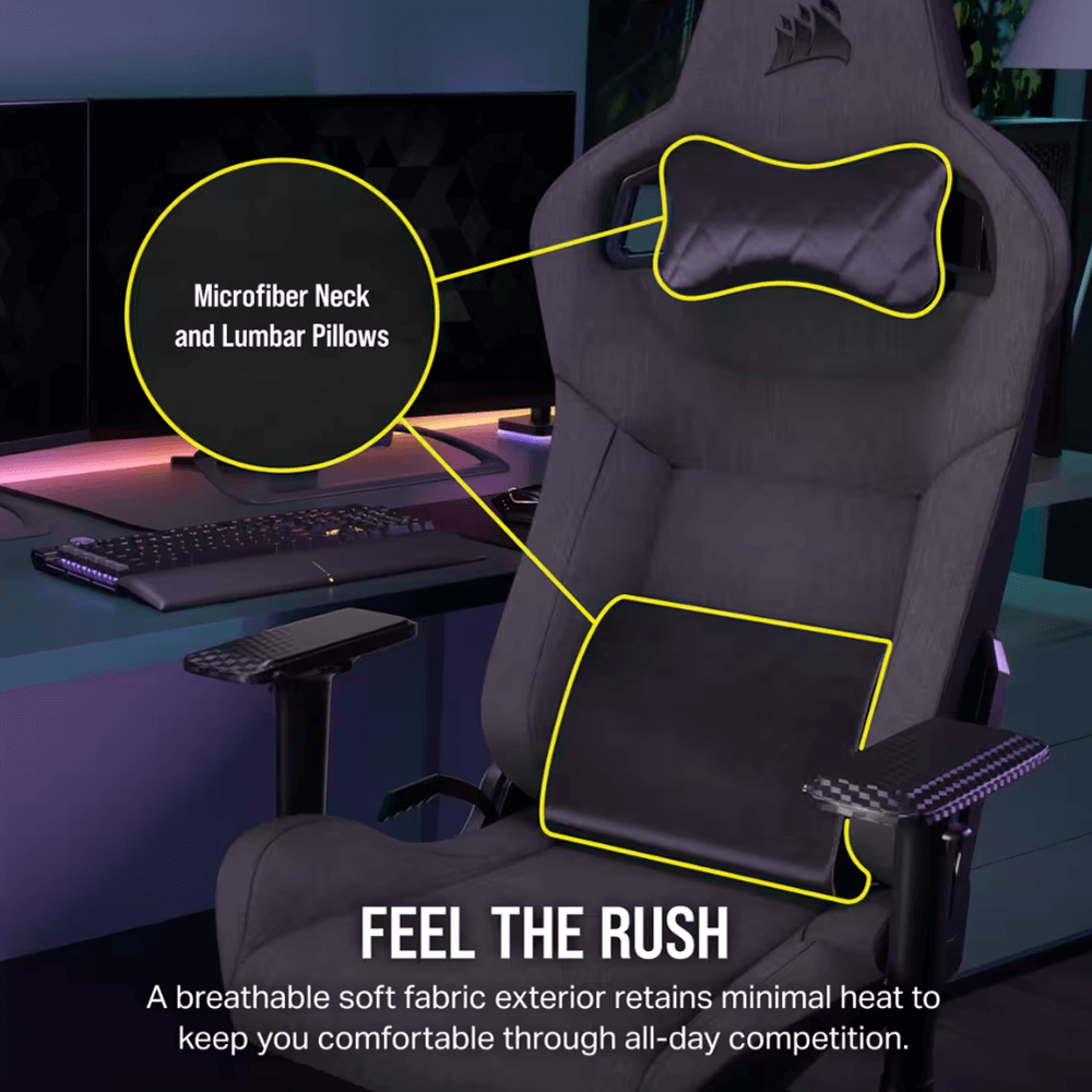 Corsair Silla Gamer T3 RUSH, hasta 120Kg, Carbón